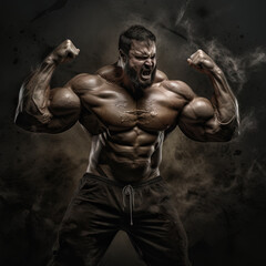 Fototapeta na wymiar Extreme bodybuilder showing his muscles. Huge athlete demonstrating power. Generated AI.