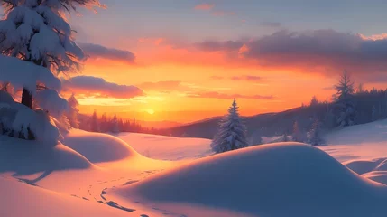 Fototapeten sunset in a impressive frozen woodland, winter sundown landscape, winter forest wallpaper, snowy beautiful forest landscape © Eric