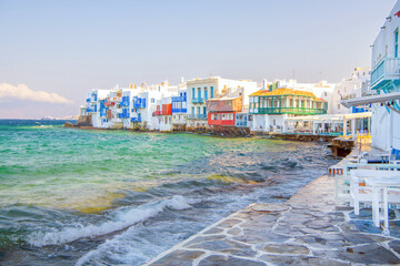 View of the famous pictorial Little Venice bay of Mykonos town in Mykonos island in Greece