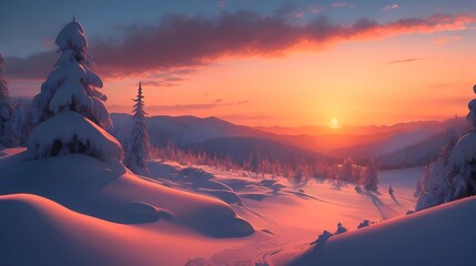 winter forest wallpaper, snowy beautiful forest landscape, sunset in a impressive frozen woodland, winter sundown landscape