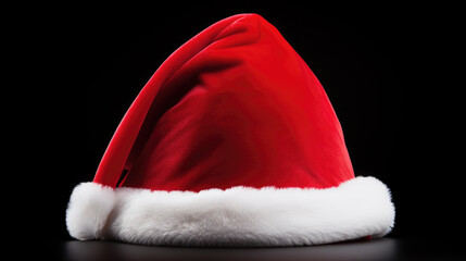 Red Santa Claus hat with a white fur trim and pompom, typically associated with Christmas festivities, against a black background.