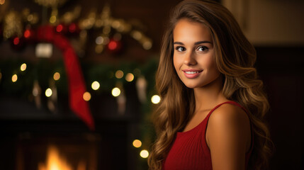 Fototapeta premium A joyful woman with curly hair and a radiant smile is illuminated by the warm glow of Christmas lights and wrapped gift in the foreground.