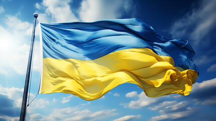 Ukraine flag, waving in the wind, ukrainian flag on a blue sky. 