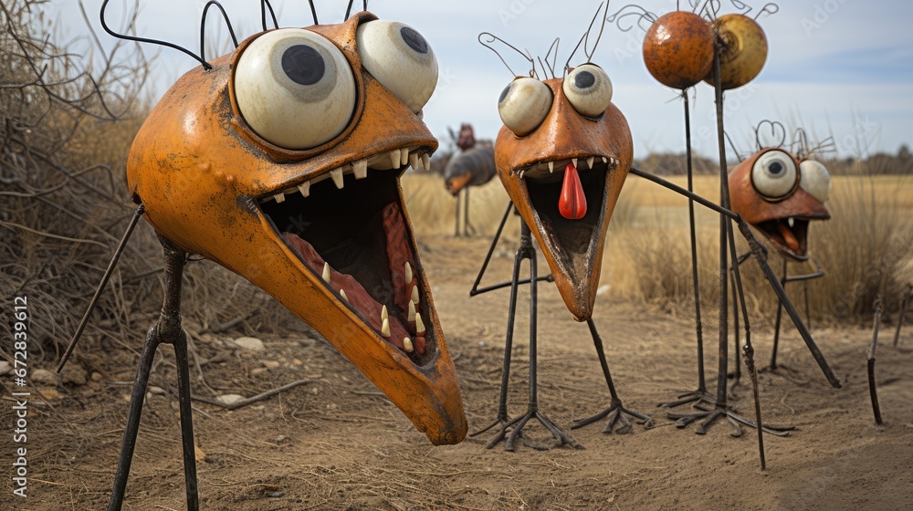 Poster a group of strange looking metal sculptures in the middle of a field with people in the background l