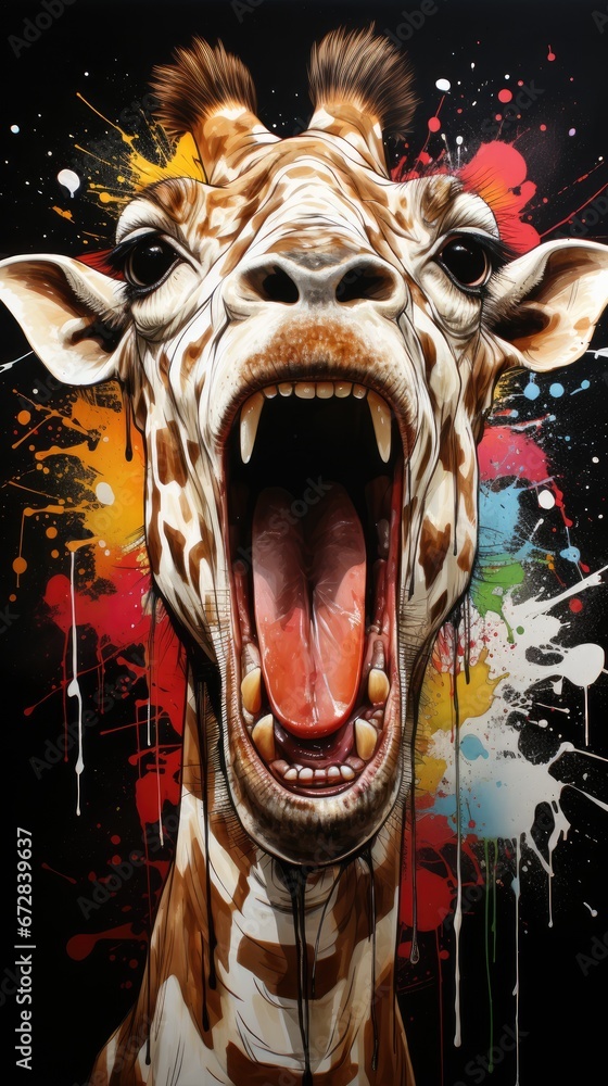 Poster a giraffe with it's mouth open and it's mouth wide open with paint splatters all over it. generative