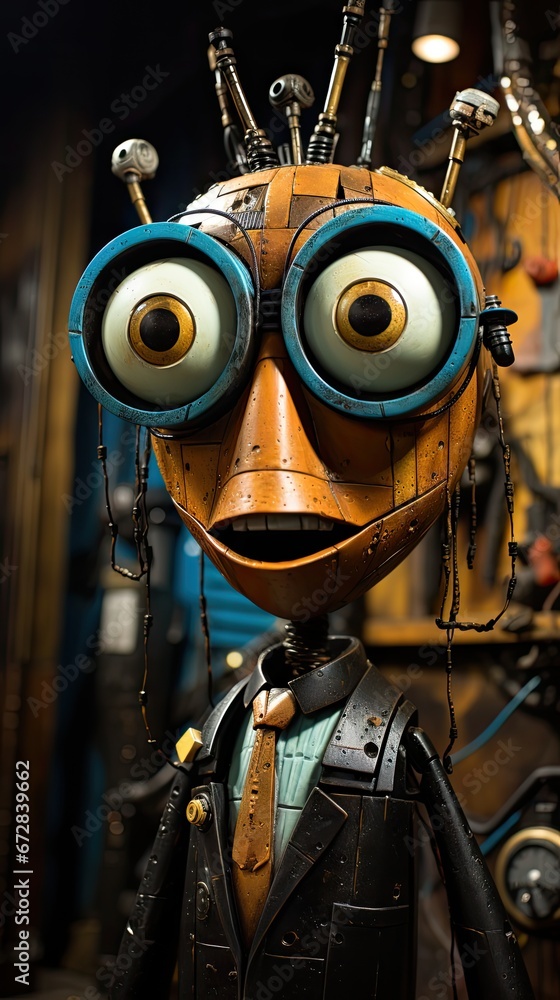 Poster a close up of a statue of a person wearing a suit and eye glasses with a clock in the background. ge