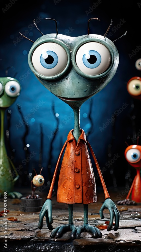Poster a close up of a cartoon character on a surface with other cartoon characters in the background and a