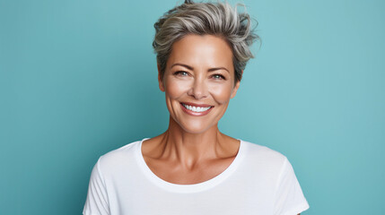 Portrait of a good looking mid aged woman in her 40s - obrazy, fototapety, plakaty