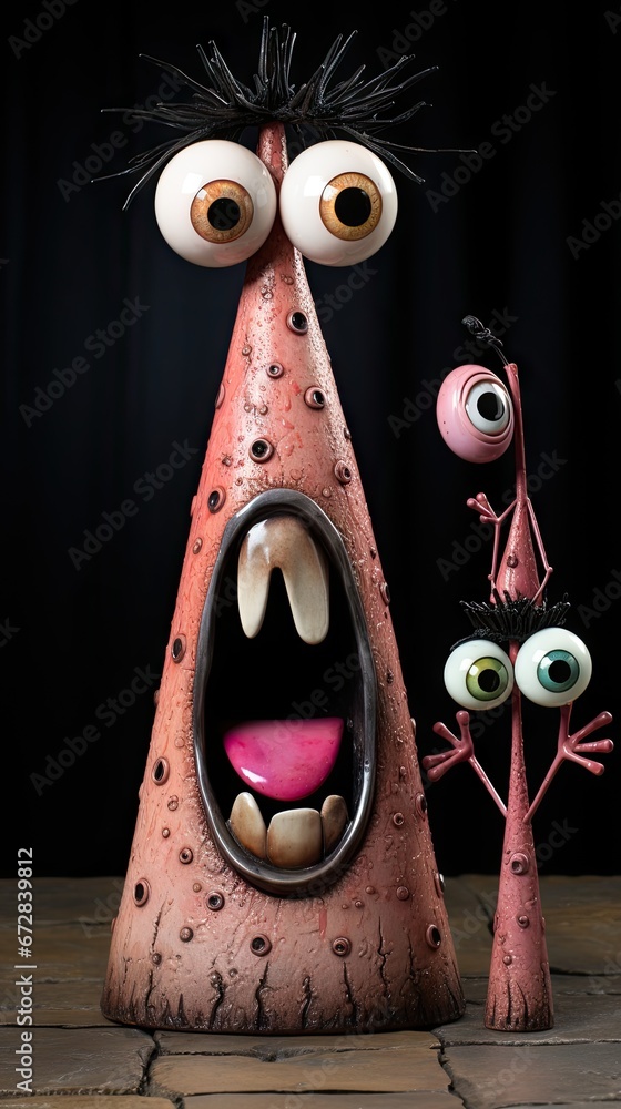 Poster a close up of a statue of a cone with eyes and a mouth with a tongue and two smaller ones. generativ