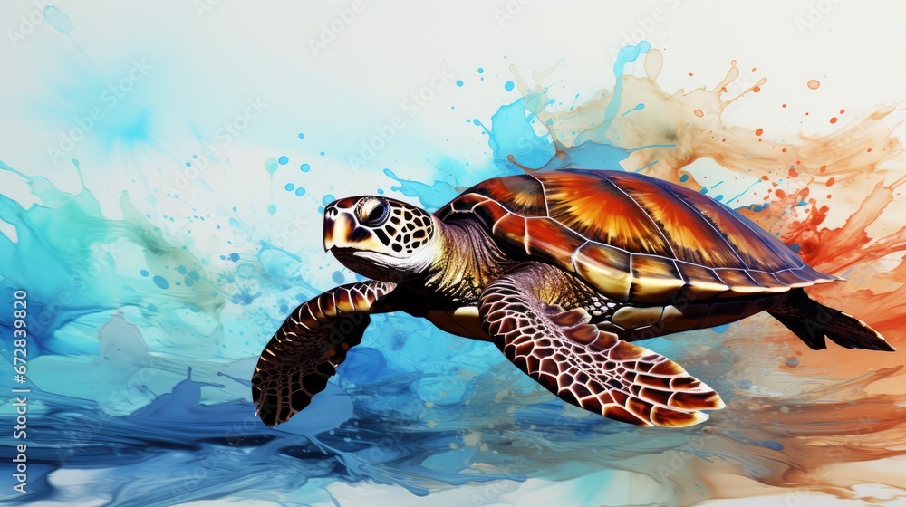 Poster a painting of a sea turtle swimming in the ocean with splashes of paint on the back of its shell. ge