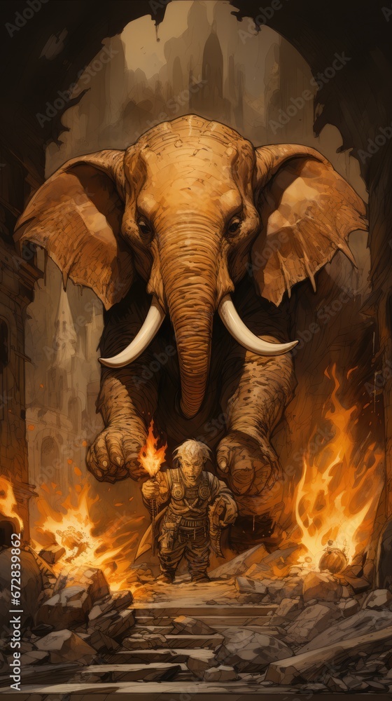 Poster a painting of an elephant standing next to a man in front of a fire pit with his trunk in the air. g