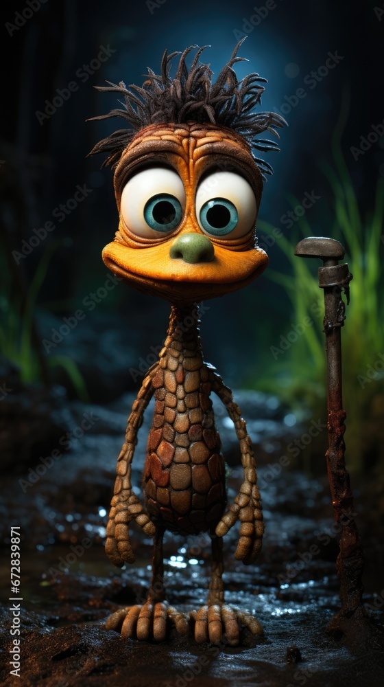 Poster a close up of a cartoon character with a cane in front of a body of water with grass in the backgrou