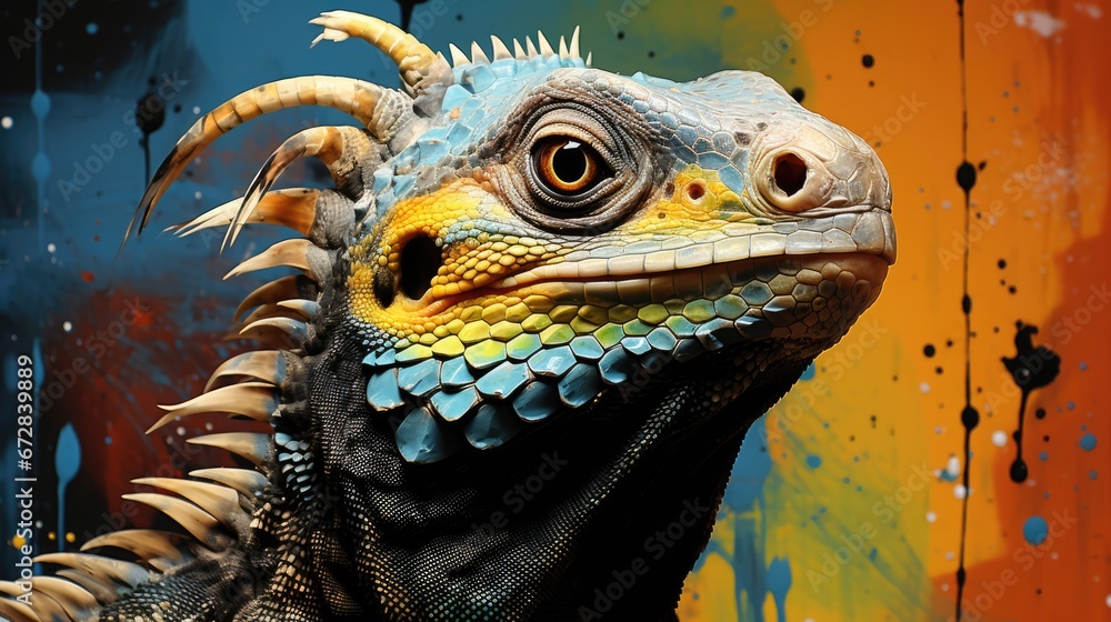 Poster a close up of a lizard's head on a wall with paint splattered walls in the background. generative ai