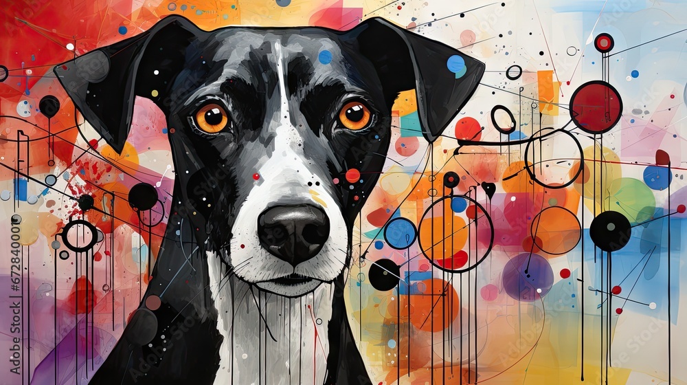 Poster a painting of a black and white dog in front of a multicolored background with circles and circles a