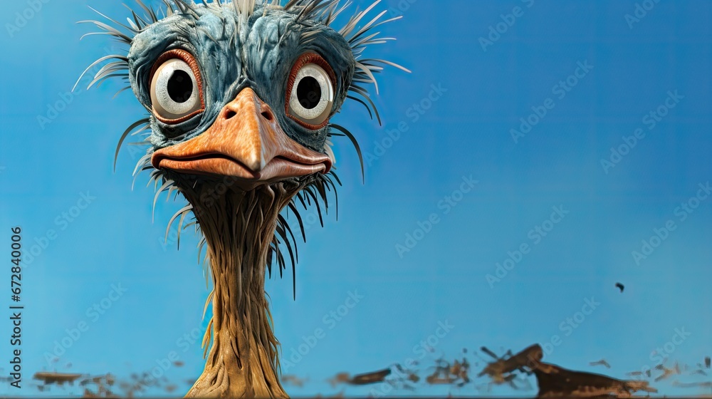 Poster a close up of an ostrich's face on a blue background with a bird in the foreground. generative ai