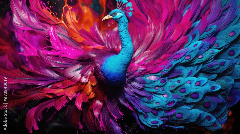 Poster a close up of a colorful peacock with feathers on it's back and its tail feathers are multicolored. 