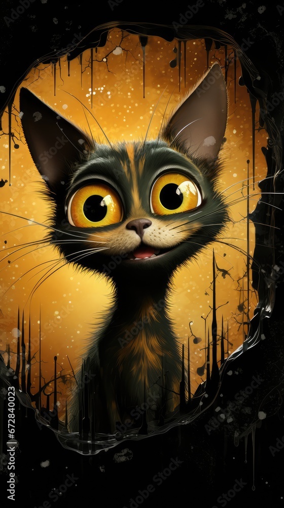 Poster a close up of a cat with a creepy look on it's face and a spooky background. generative ai