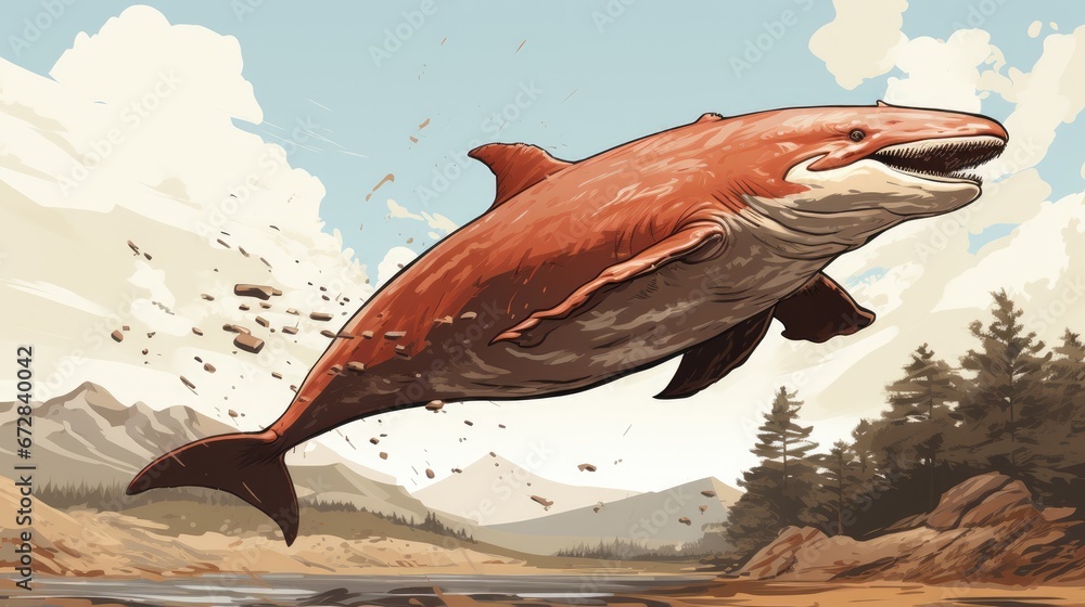 Poster a painting of a shark jumping out of a body of water with trees in the background and clouds in the 