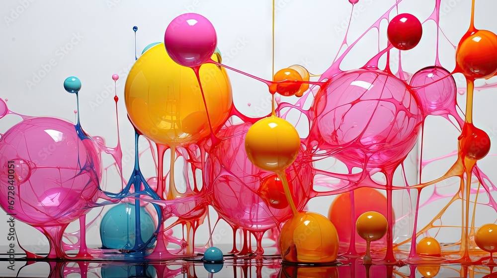 Poster a group of colorful objects sitting on top of a glass table in front of a white wall with a reflecti
