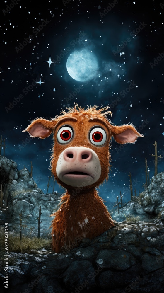 Poster a close up of a cow in a field with a sky full of stars and a full moon in the background. generativ
