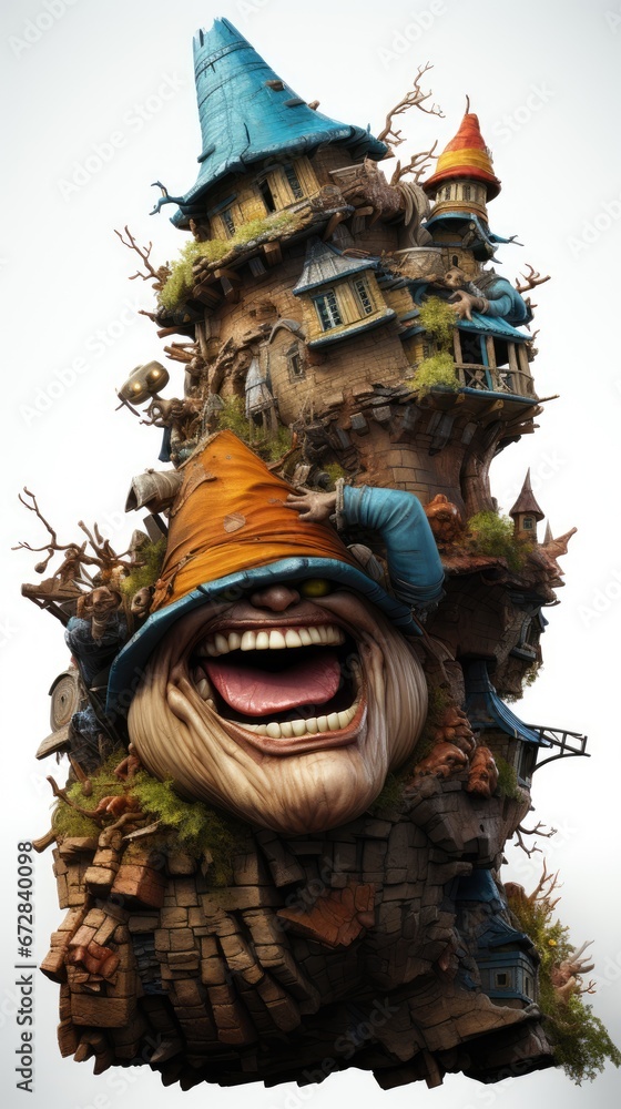 Aufkleber a very tall building with a big smile on it's face and a lot of trees on top of it. generative ai