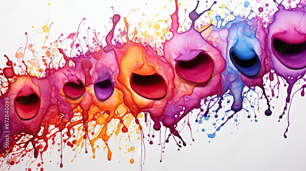 Poster a painting of different colors and shapes on a white background with paint splatters on the bottom a