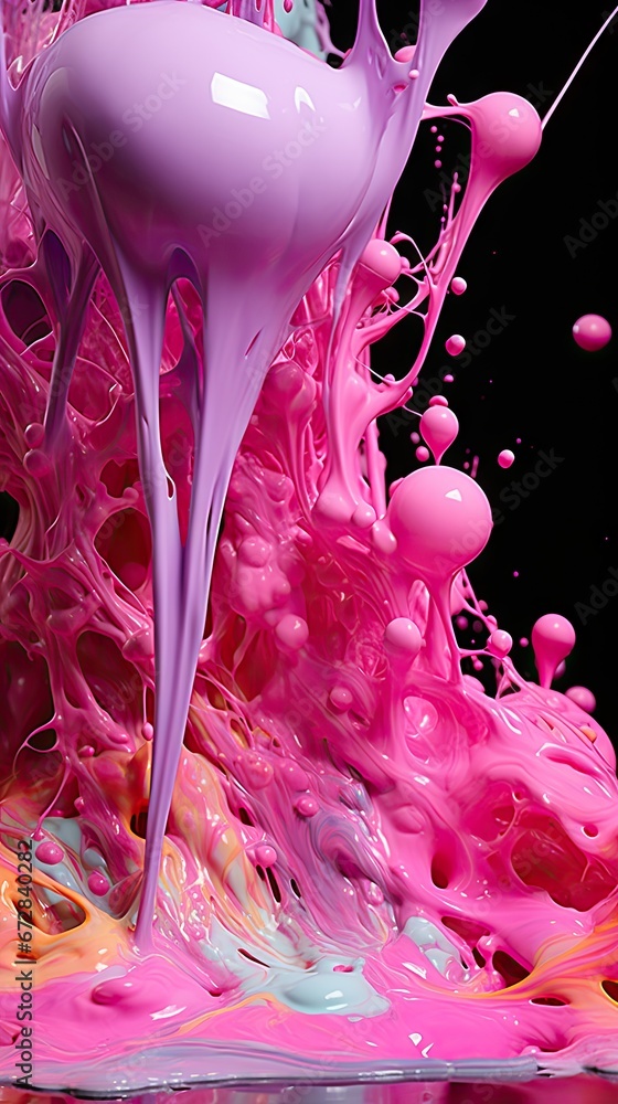 Poster a pink and purple liquid splashing on top of a black and white background with a pink and white obje