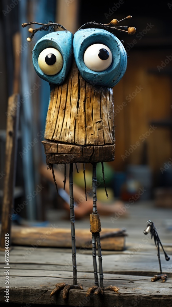 Poster a close up of a toy made to look like a face on a piece of wood with a wrench in front of it. genera