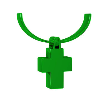Green Christian cross on chain icon isolated on transparent background. Church cross.