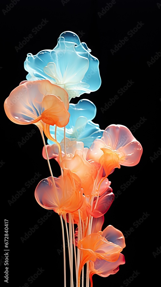 Poster a close up of a bunch of flowers in a vase on a black background with a black background behind it. 