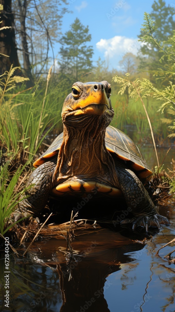 Poster  a close up of a turtle in a body of water with trees in the background and grass in the foreground.  generative ai
