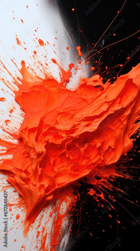 Poster an orange liquid splashing on top of a white object in the middle of a black and white background wi