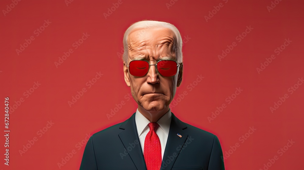 Poster a man in a suit and tie with red glasses on his face and a red background with a red background. gen