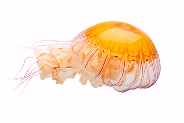 An Australian variegated Jellyfish, drifting lonely in a white milieu.