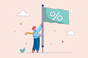 Businessman raises a flag with a percentage symbol to the top of a pole. Business illustration concept. Interest rate hikes due to rising inflation. US Fed raises interest rates. Flat vector. - obrazy, fototapety, plakaty
