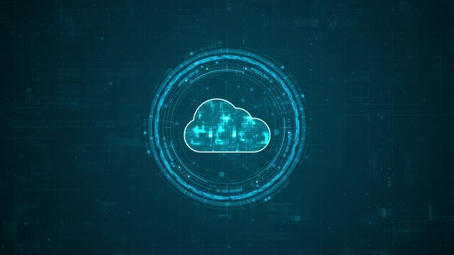 Motion graphic of Blue digital cloud computing logo and circle futuristic HUD elements with flowing arrows storage big data backup concepts on abstract background