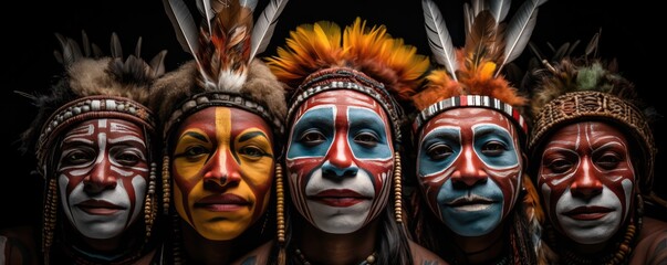 Indigenous Group With Face Paintings And Headdresses Amazon Region - obrazy, fototapety, plakaty