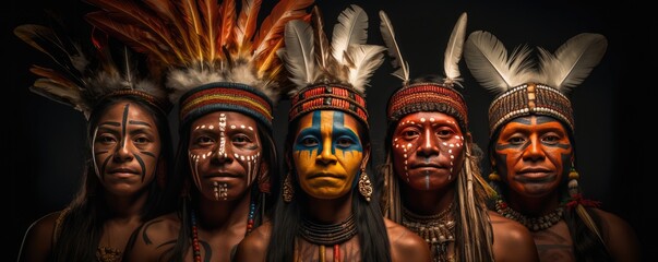 Indigenous Group With Face Paintings And Headdresses Amazon Region - obrazy, fototapety, plakaty