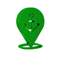 Green Map pointer with anchor icon isolated on transparent background.