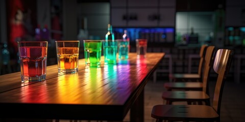 Miami Bar Background With Empty Wooden Table And Rainbow Lights
