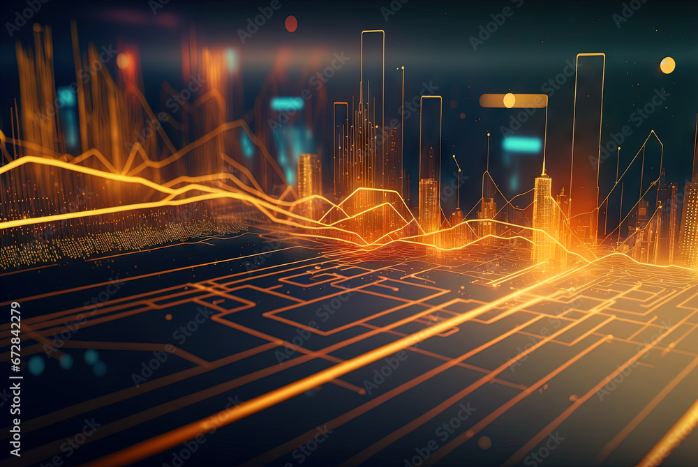 Poster Abstract science and technology background with shiny connection elements and sci-fi intefrace. Tech abstraction wallpaper. Generated AI.