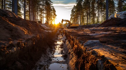 An excavator is excavating a trench in the woods against an awe-inspiring sundown backdrop. - obrazy, fototapety, plakaty