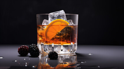 A vintage cocktail, frosted with ice and garnished with blackberry and orange, on a dark backdrop.