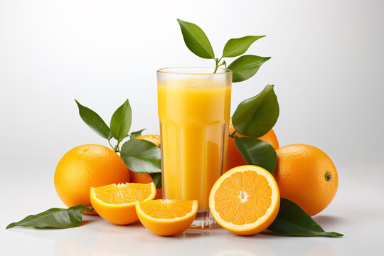 A glass of chilled orange juice surrounded by oranges against a white backdrop.