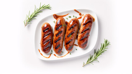 Grilled links on white with rosemary and drizzles, overhead view, open space. - obrazy, fototapety, plakaty