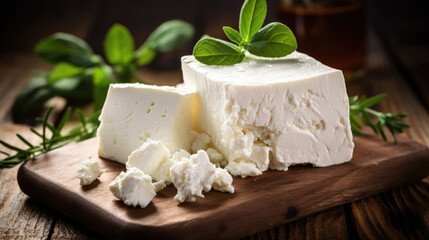 Blocks of fresh feta cheese are displayed on a wooden board, surrounded by aromatic rosemary and crumbled pieces, all set against a rustic backdrop.