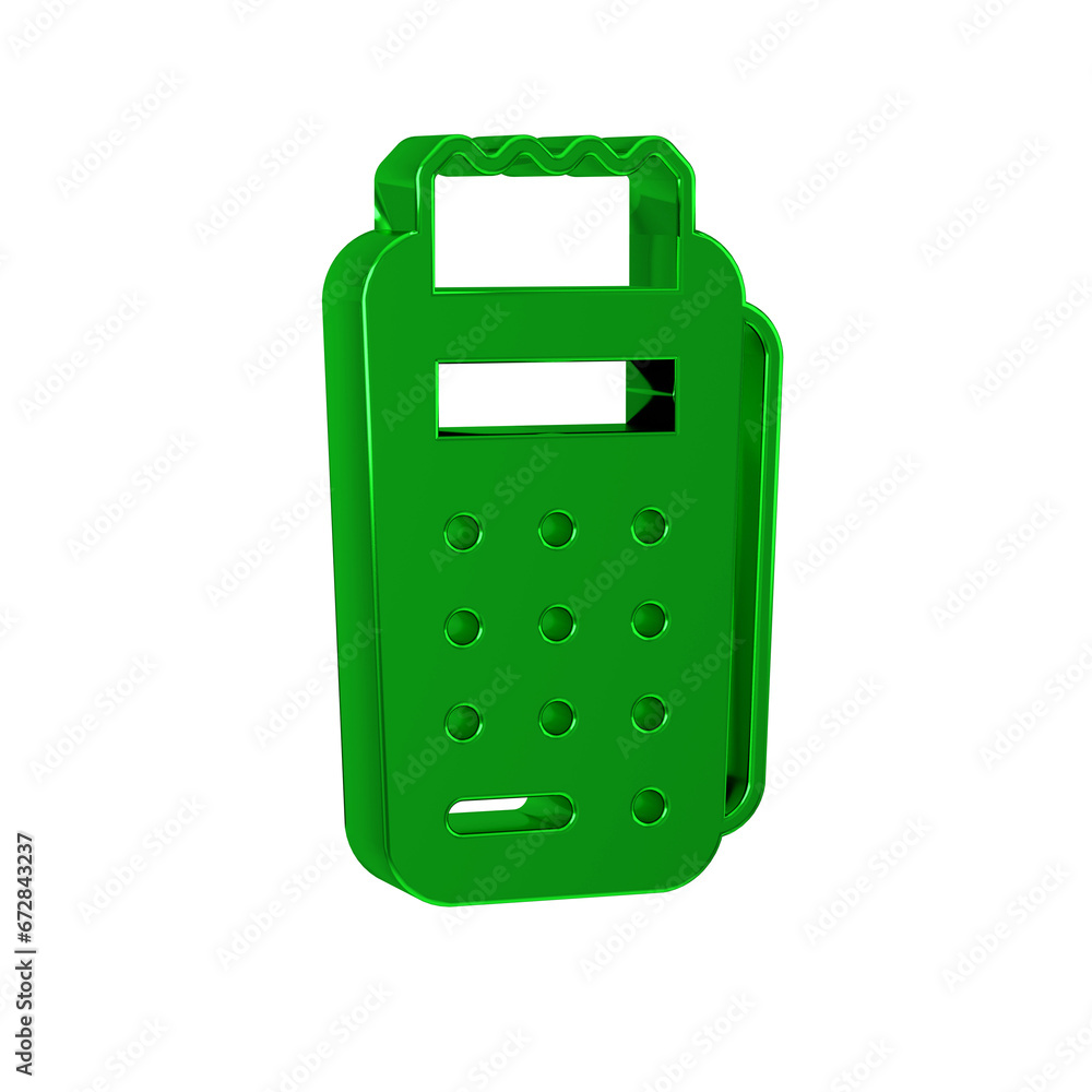 Poster green pos terminal with inserted credit card and printed reciept icon isolated on transparent backgr