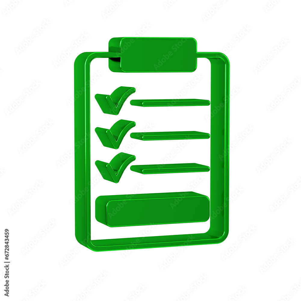 Poster green clipboard with checklist icon isolated on transparent background. control list symbol. survey 