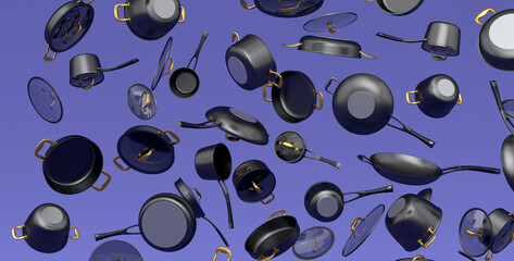 Many of flying frying pan with glass lid on violet background, non-stick