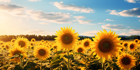 A panoramic view of a sunflower field under a clear sky, Sunflower field with blue sky and clouds,blooming sunflowers with a beautiful sky background, generative AI
 
